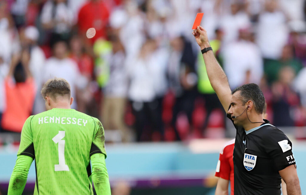 Goalkeeper being shown a red card during the world cup in Qata,  2022.