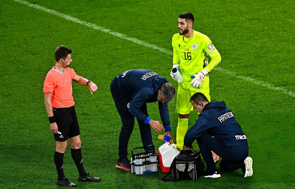 Goalkeeper getting treated during the world cup tournament in Qatar, 2022
