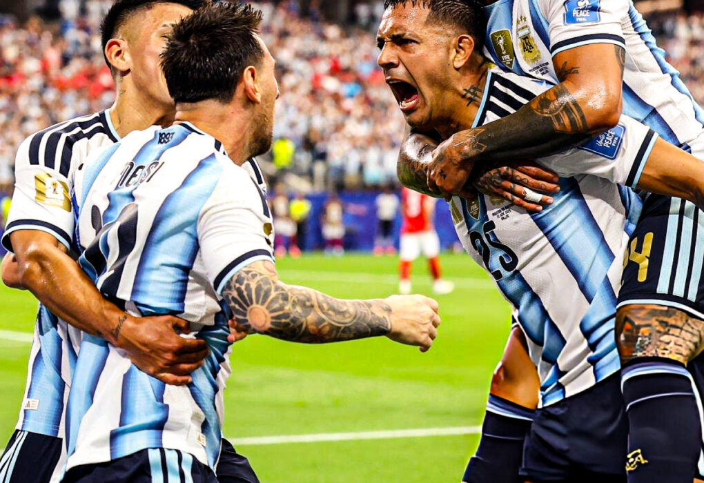 Lionel Messi celebrating with teammates/ Getty image
