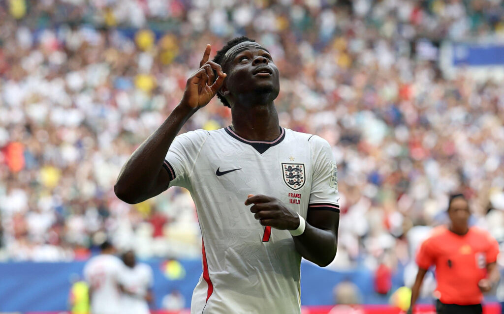 Bukayo Saka celebrating his second goal Vs France 